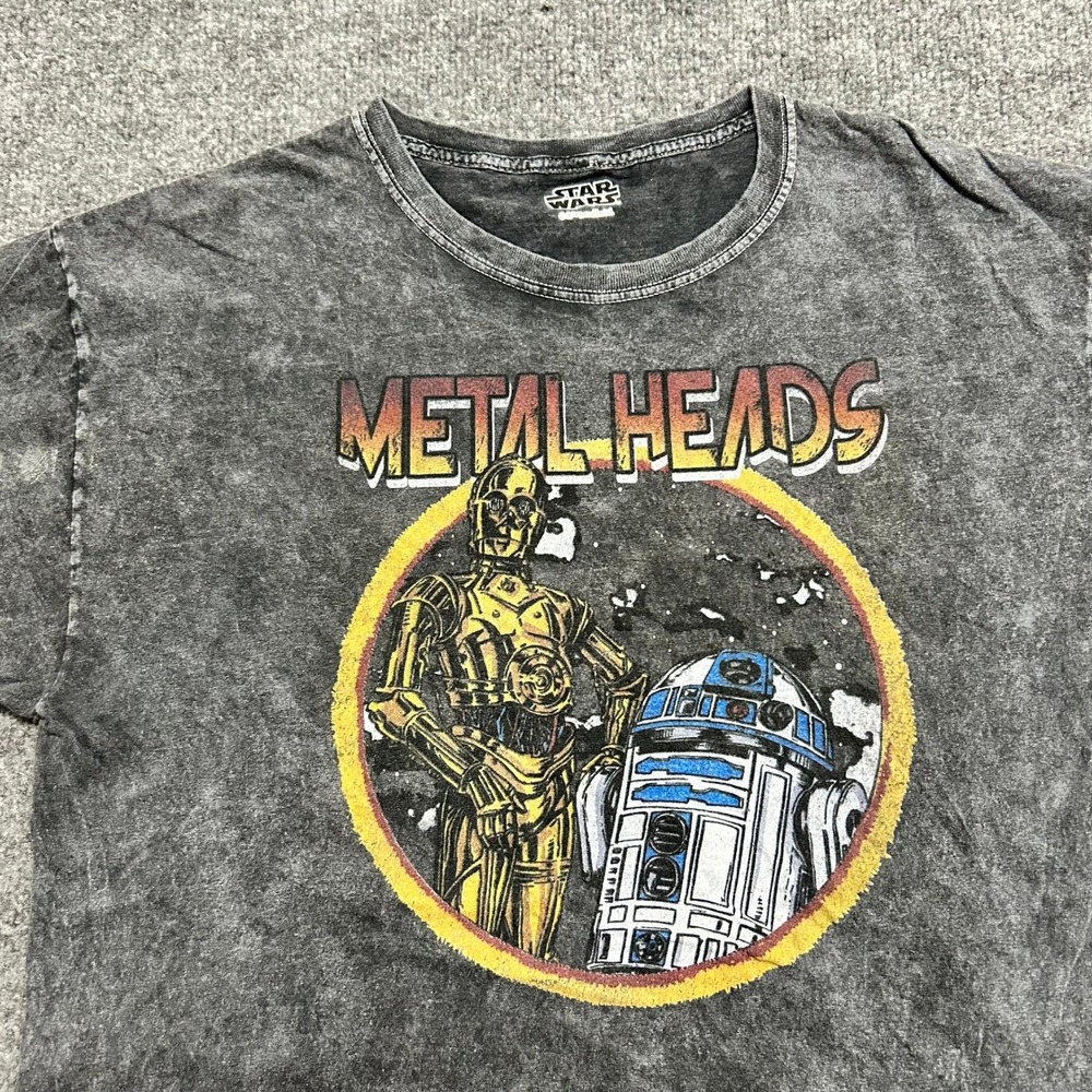 Star Wars T-Shirt Womens Size M Gray Acid Wash Cropped Metal Heads Graphic Tee
